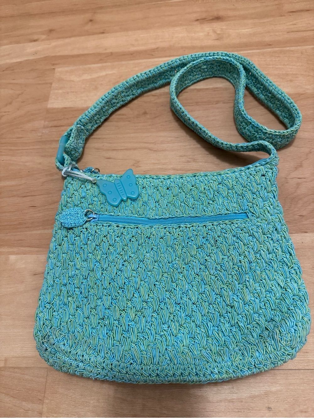 Y2K Macrame Crochet Medium Teal Pastel Purse Large with Butterfly Bag Charm